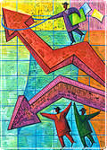 Painting showing people looking at graph arrows going both up and down.